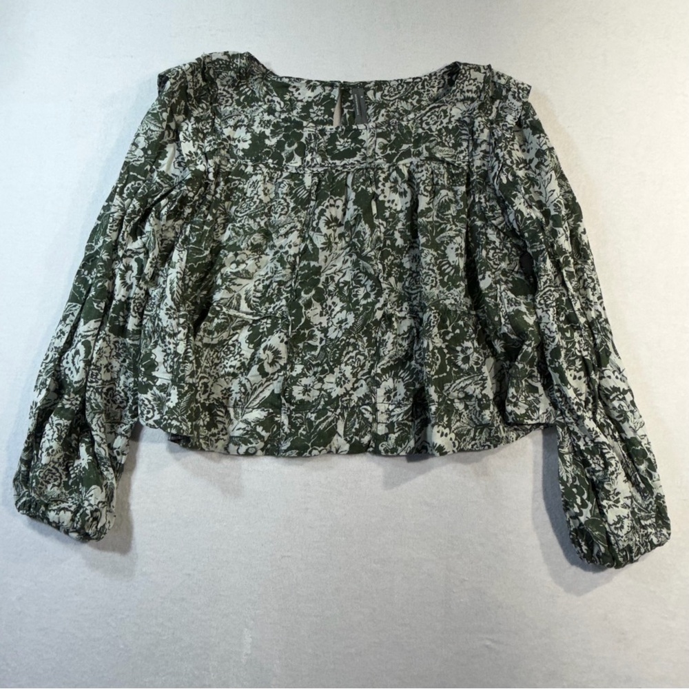 By Anthropologie Green Floral Relaxed Long-Sleeve Swing Peasant Blouse